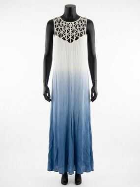 Together Bohemian White Blue Ombré Coastal Maxi Dress Size 18 Floral Accents